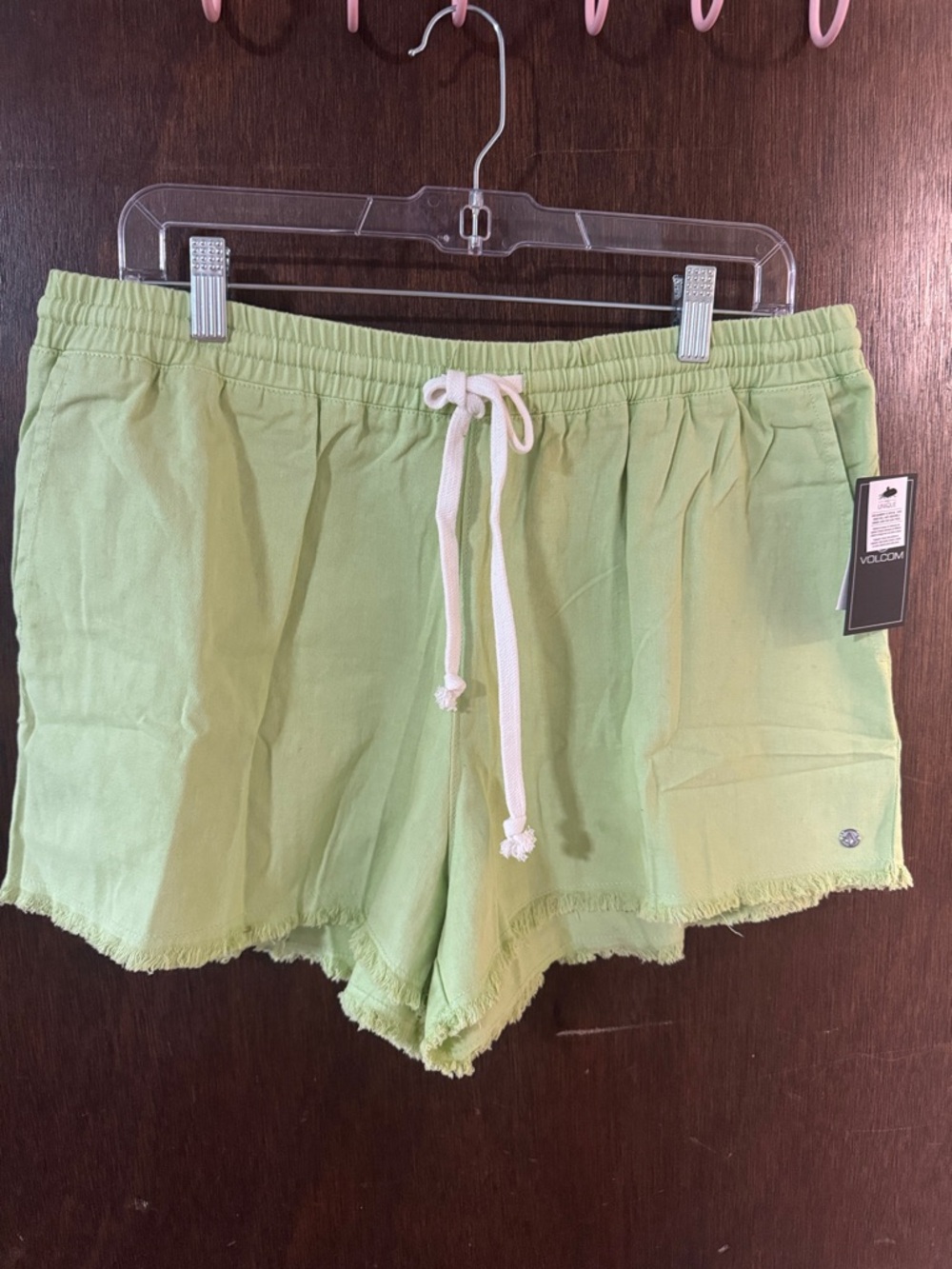 Volcom Women's Lime Green Drawstring Frayed-Hem Shorts